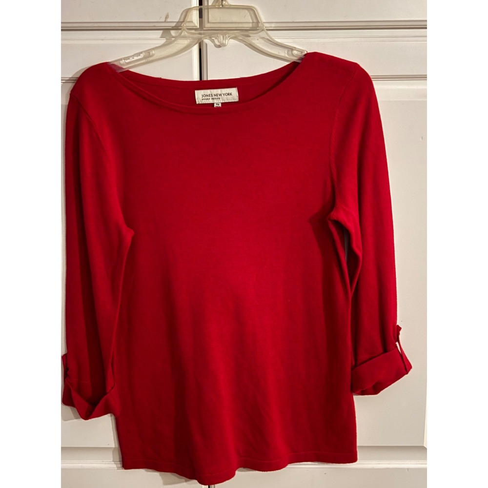 Jones New York Sport Petite Red Boat Neck 3/4‎ Sleeve Sweater Top